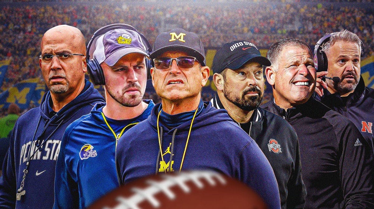 Jim Harbaugh and Connor Stalions with Big Ten coaches Ryan Day, James Franklin, Greg Schiano and Matt Rhule in the background