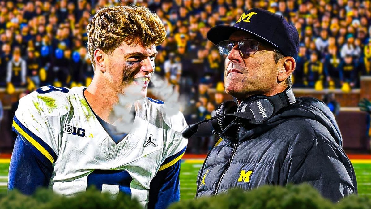 : JJ McCarthy with smoke coming out of his nose in Michigan jersey, Jim Harbaugh beside him looking serious
