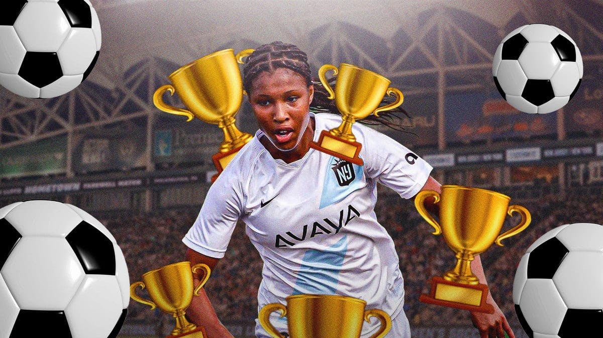 Gotham FC soccer player Midge Purce with trophy emojis and soccer balls along border of image since they won the NWSL championship