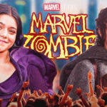 Ms. Marvel star Iman Vellani next to Frodo from The Lord of the Rings in front of MCU Marvel Zombies logo.