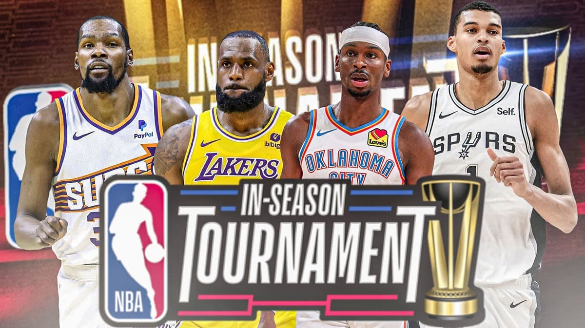 Kevin Durant, LeBron James, Shai Gilgeous-Alexander, Victor Wembanyama all together with NBA In-Season Tournament logo in front.