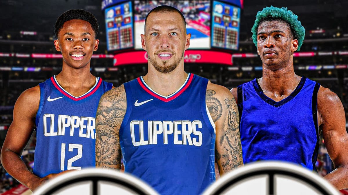 Daniel Theis and Josh Primo in Clippers unis, with Kai Jones looking sad in a blank uniform beside them