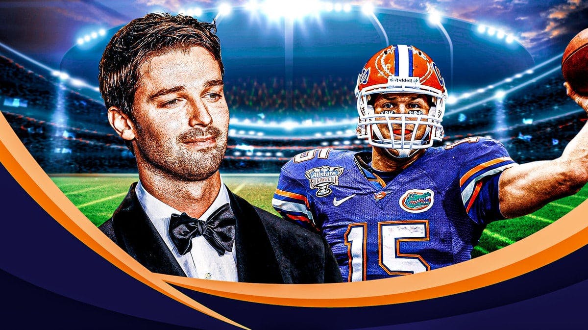 Images of actor Patrick Schwarzenegger and former NFL QB Tim Tebow in a Florida Gators uniform please