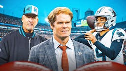 Greg Olsen with Panthers Bryce Young and Frank Reich after losing to the Titans