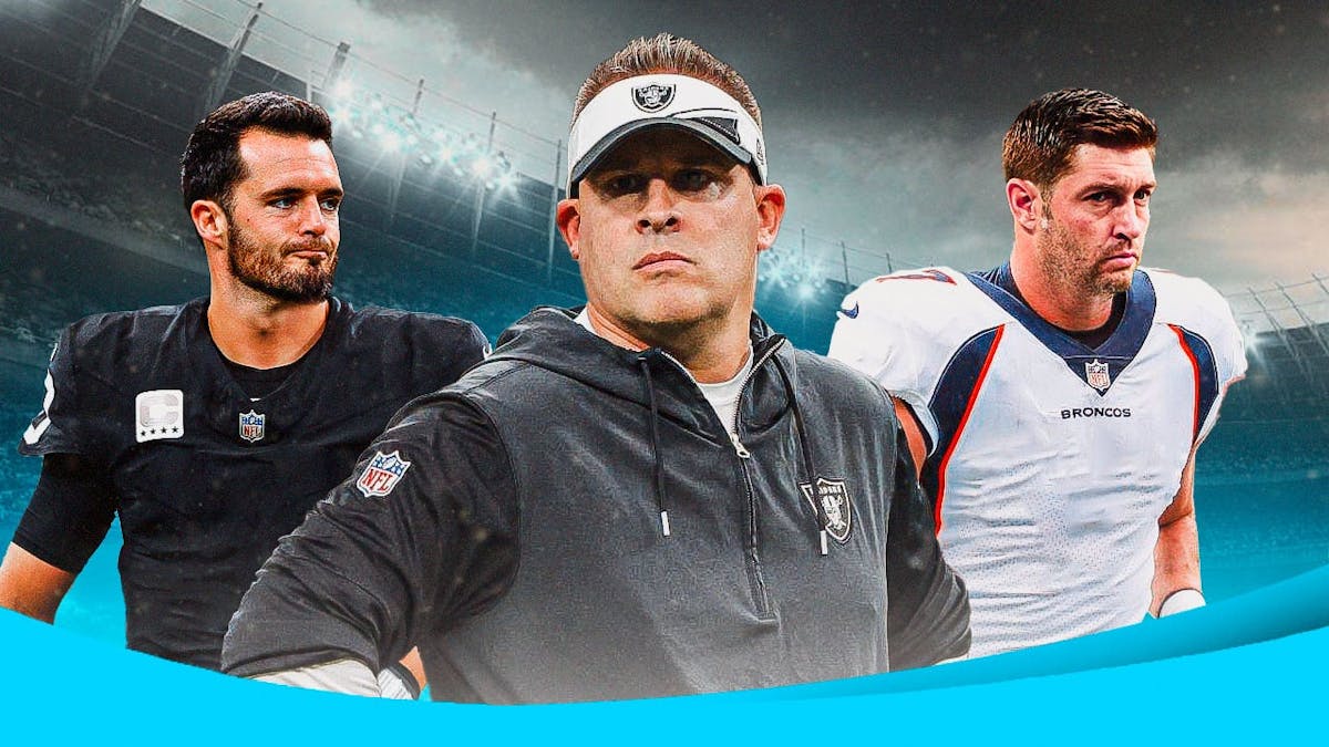 Las Vegas Raiders coach Josh McDaniels in middle of image and in background of image QB Derek Carr in Las Vegas Raiders uniform on one side and Jay Cutler in Denver Broncos uniform on other side.