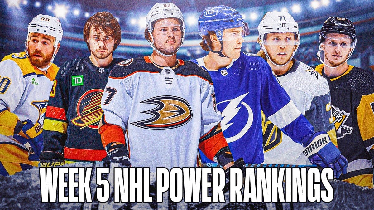 Week 5 NHL Power Rankings, Mason McTavish, Quinn Hughes, Brayden Point, William Karlsson, Jake Guentzel, Ryan O’Reilly, NHL logo in image, hockey rink in background