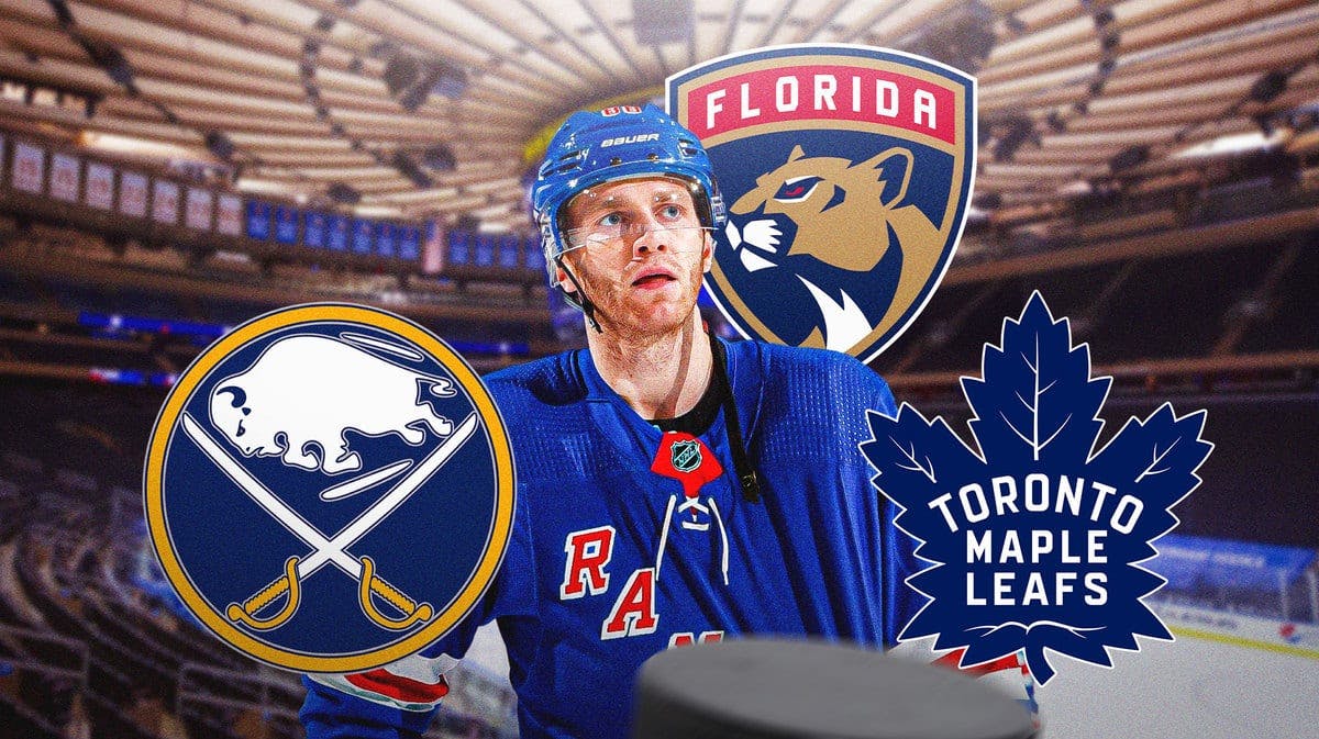 Patrick Kane in NY Rangers jersey with Sabres, Maple Leafs, Florida Panthers logos around him