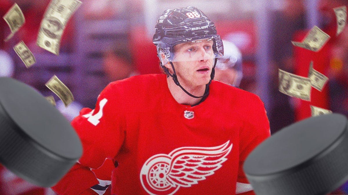 Photo: Patrick Kane in Red Wings jersey with money flying around behind him