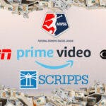 The NWSL logo in the middle of the image, with the ESPN, Amazon, CBS and E.W. Scripps logo around with money on the border of the image