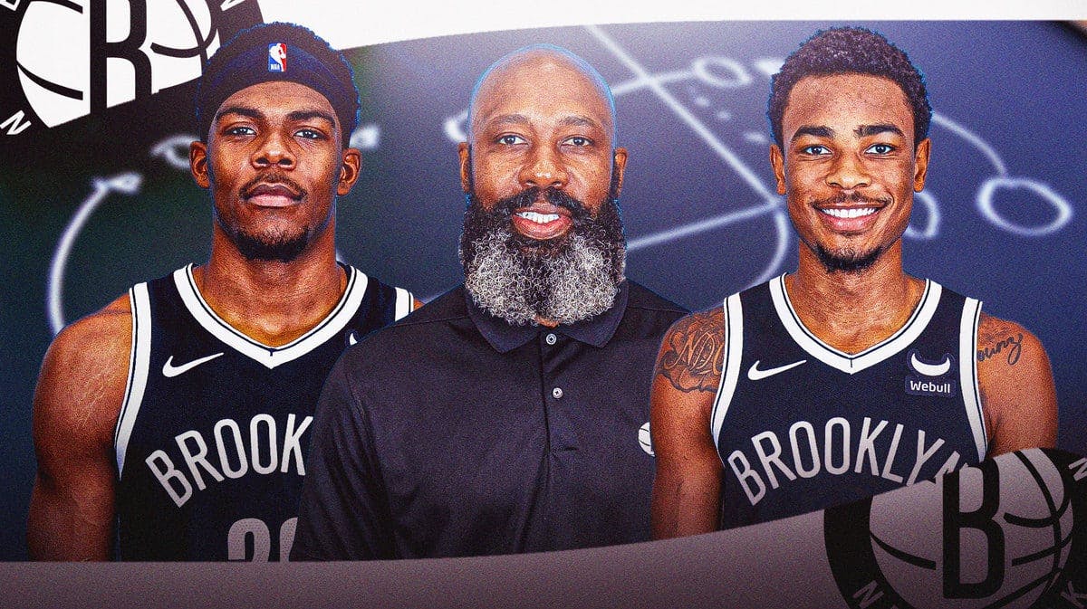 From left to right, recent in-game photos of Day’Ron Sharpe, Jacque Vaughn and Nic Claxton.