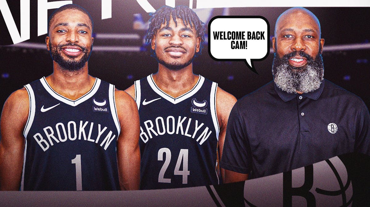 Nets' Jacque Vaughn saying "Welcome back Cam" next to Mikal Bridges and Cam Thomas
