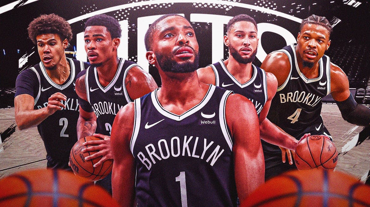 Mikal Bridges, Dennis Smith Jr, Cam Johnson, Nic Claxton, Ben Simmons all in action in Nets jerseys