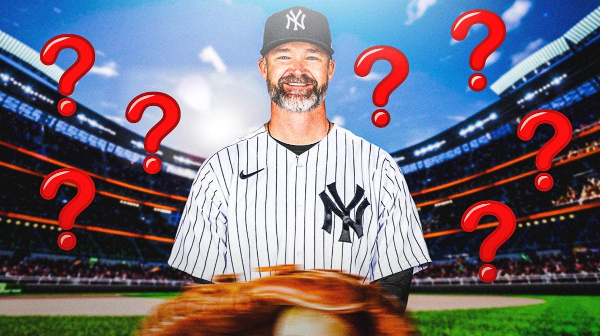 Former Chicago Cubs manager David Ross in the foreground, wearing a New York Yankees uniform. Question marks all around him in the background.