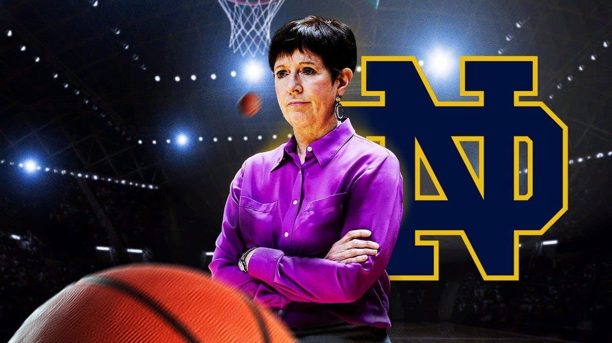 Notre Dame women’s basketball coach Muffet McGraw with the Notre Dame Fighting Irish logo in the background, and basketballs along the edges of the image