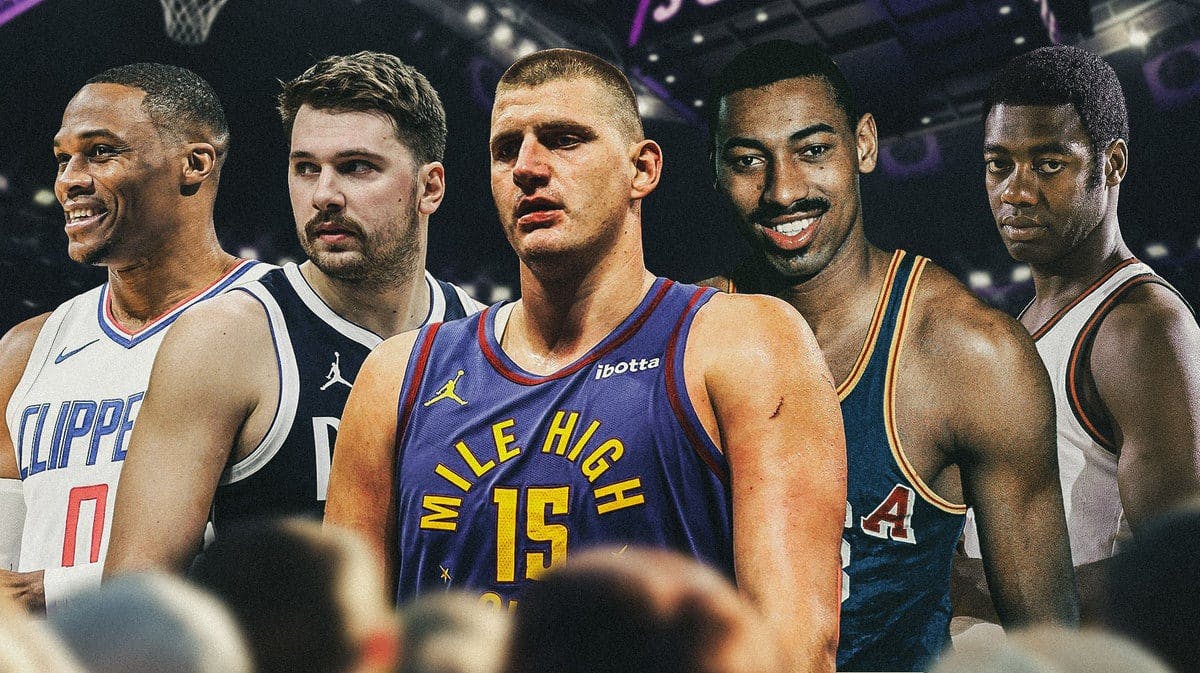 Nuggets' Nikola Jokic hyped up, with Sixers' Wilt Chamberlain, Royals' Oscar Robertson, and Mavs' Luka Doncic and Thunder’s Russell Westbrook around him