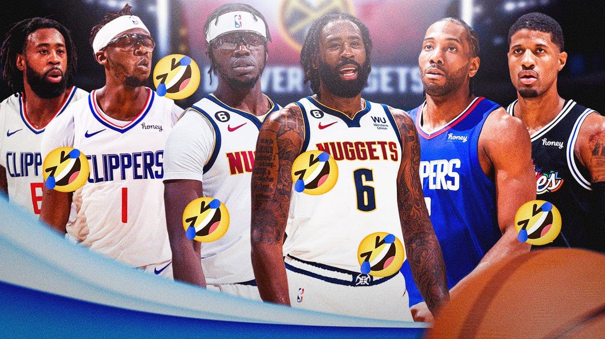 Reggie Jackson and DeAndre Jordan in Nuggets unis in the middle, smiling, with pictures of them in Clippers uni (old photos) above them, with Kawhi Leonard and Paul George on the left and right, respectively, with rofl emojis all over