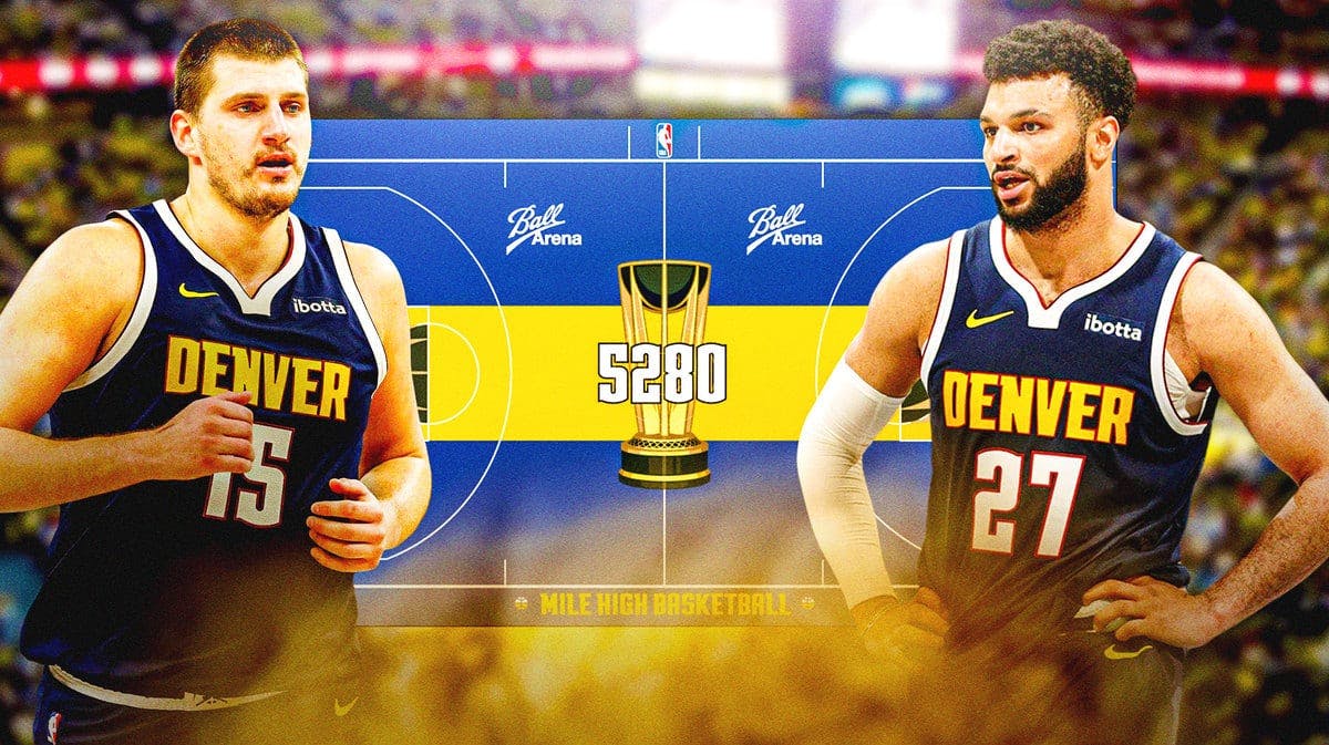 Jamal Murray and Nikola Jokic on either side of the graphic with the background being the Nuggets new in-season tournament court.