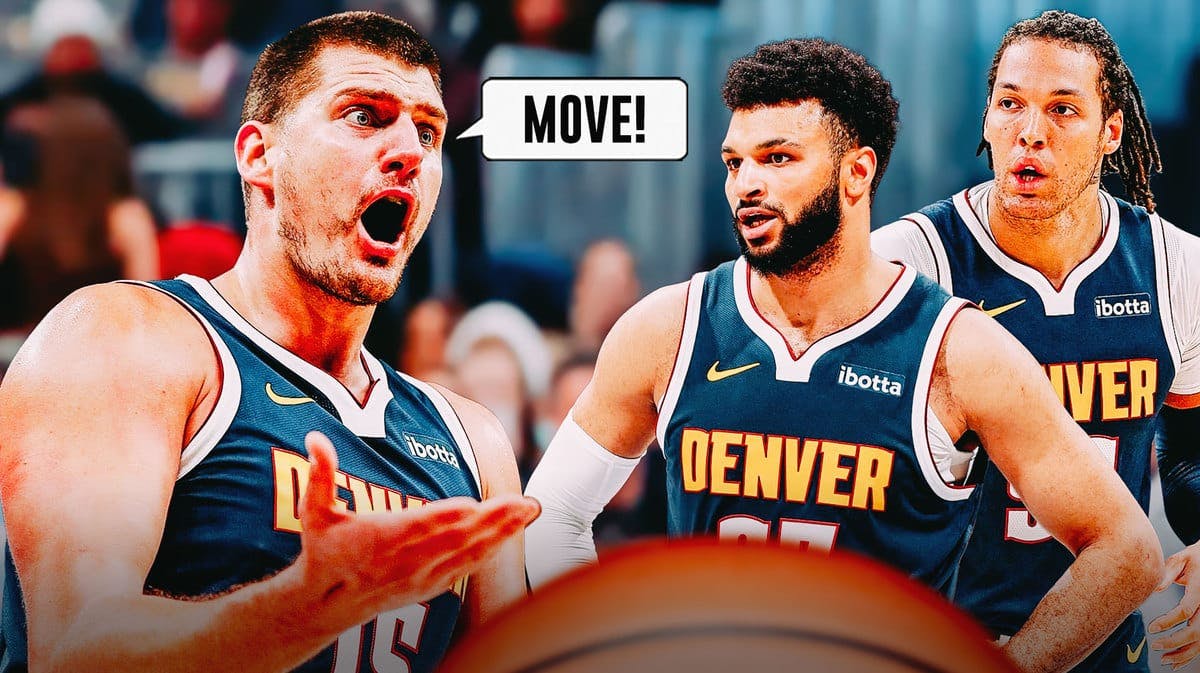 Thumb: Nikola Jokic saying, “MOVE!” Jamal Murray, Nuggets players looking sad.