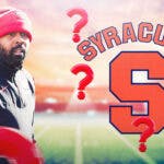 Georgia football assistant Fran Brown on the left, with the Syracuse logo on the right, and a bunch of question marks in between.