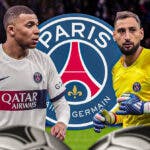 Kylian Mbappe and Gianluigi Donnarumma in front of the PSG logo