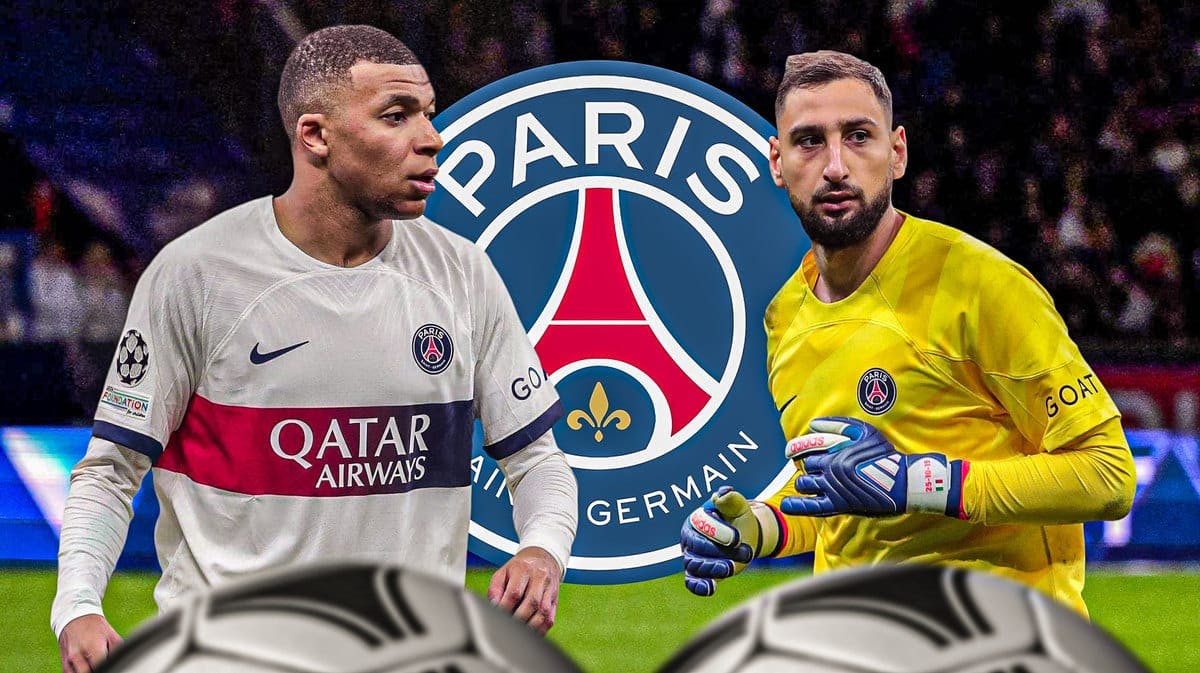 Kylian Mbappe and Gianluigi Donnarumma in front of the PSG logo