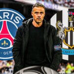 Luis Enrique in front of the PSG and Newcastle logos