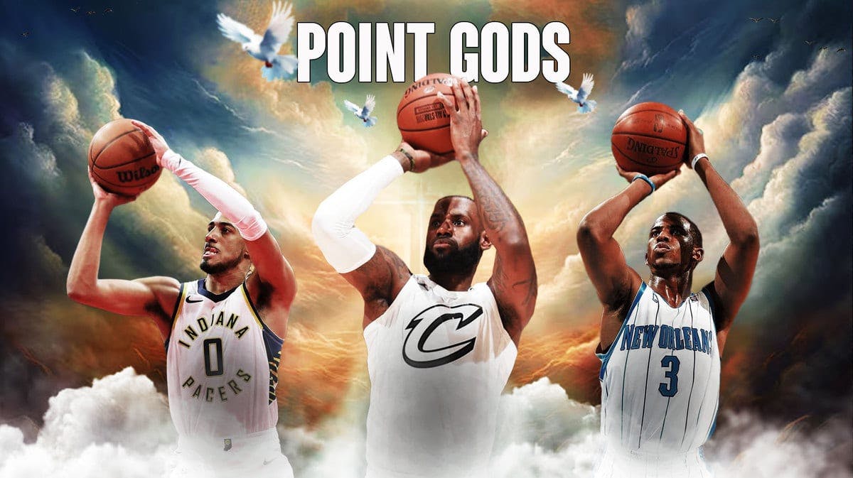 Pacers' Tyrese Haliburton, Hornets' Chris Paul (2009), Cavs' LeBron James (2018) all ascending to heaven, with caption below: POINT GODS