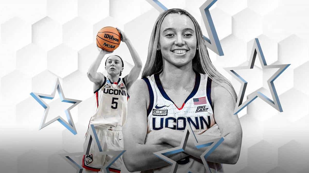 Different cut-outs of UConn women’s basketball player Paige Bueckers, with stars and basketballs along the edges of the image
