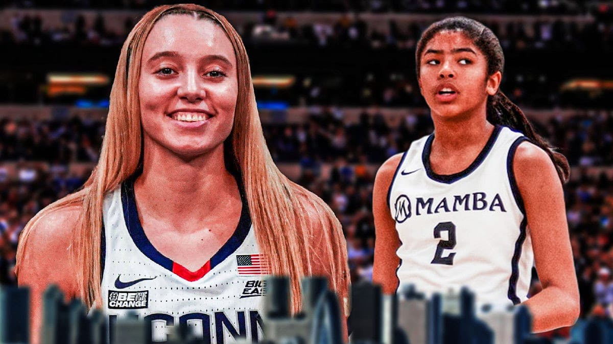 UConn women’s basketball player Paige Bueckers in her UConn jersey on one side of image, with GiGi Bryant on the other side