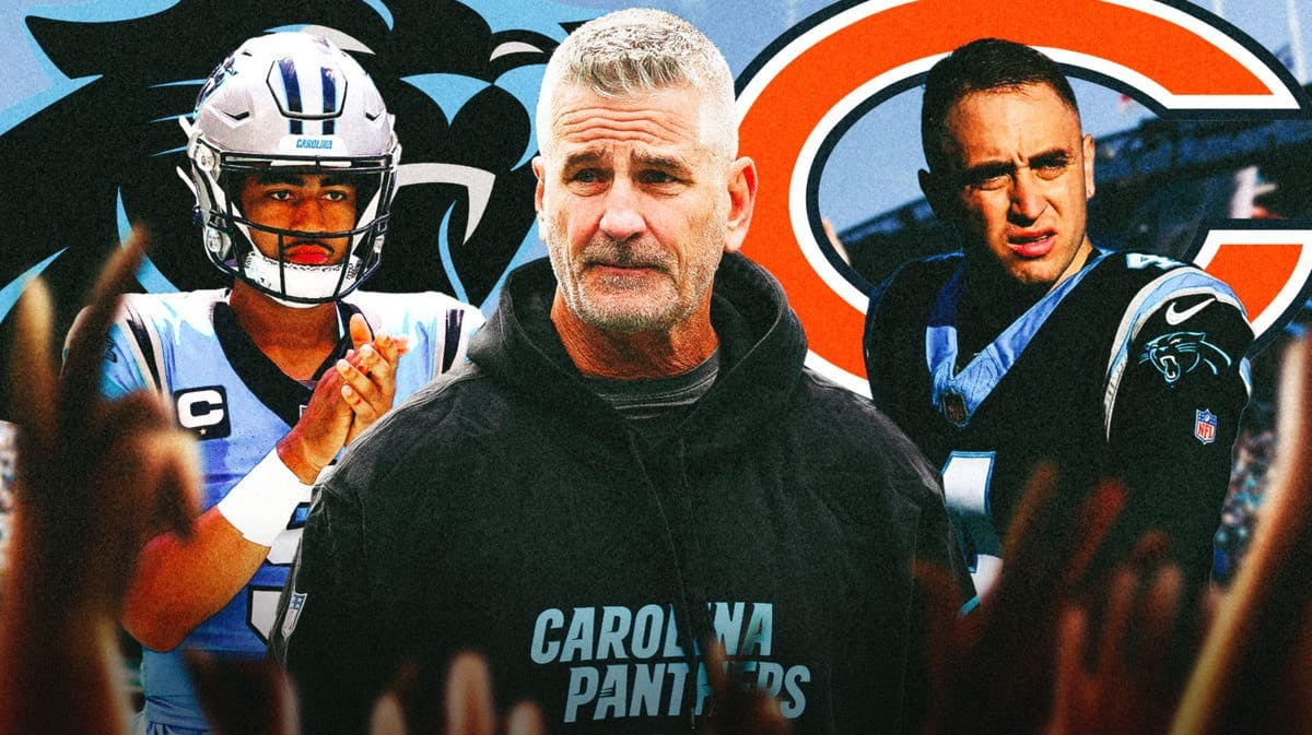 Frank Reich, Bryce Young and Eddy Pineiro with Bears and Panthers logos
