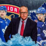 Paul Maurice in middle of image looking angry with speech bubble: “What a joke” , Auston Matthews and William Nylander on either side looking happy, FLA Panthers and TOR Maple Leafs logos, hockey rink in background