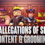 Roblox characters in a courtroom with the caption 'Face Allegations of Sexual Content & Grooming'
