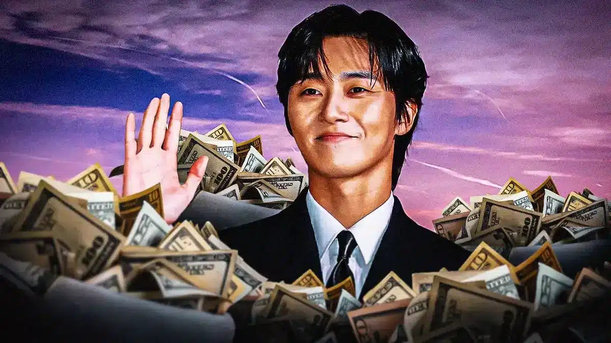 Park Seo-Joon surrounded by piles of cash.