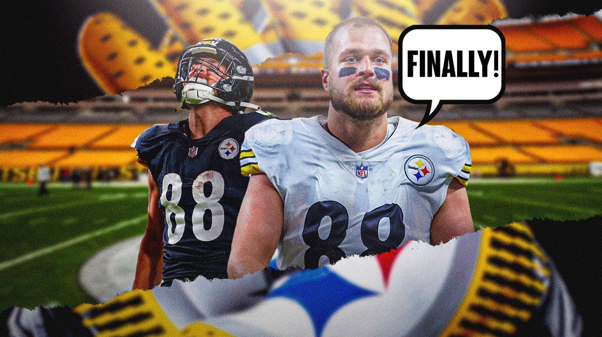 Steelers TE Pat Freiermuth and a speech bubble “Finally!”