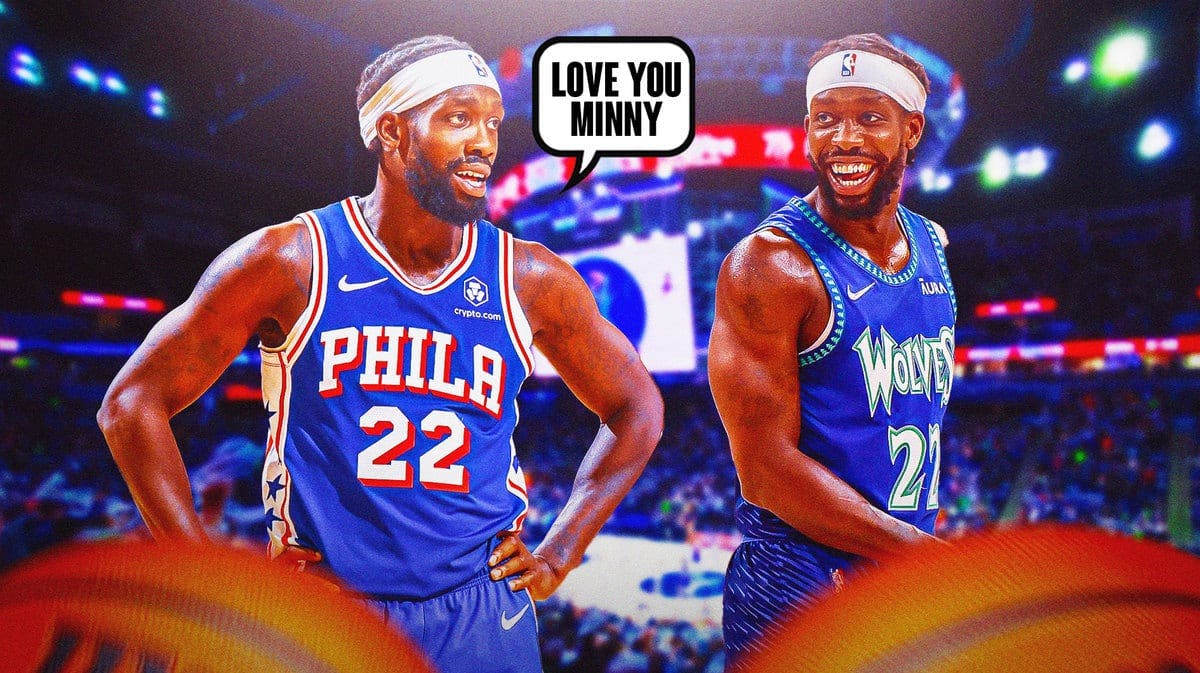 Patrick Beverley in Sixers jersey saying “Love you Minny” another photo beside of Beverley in Timberwolves jersey