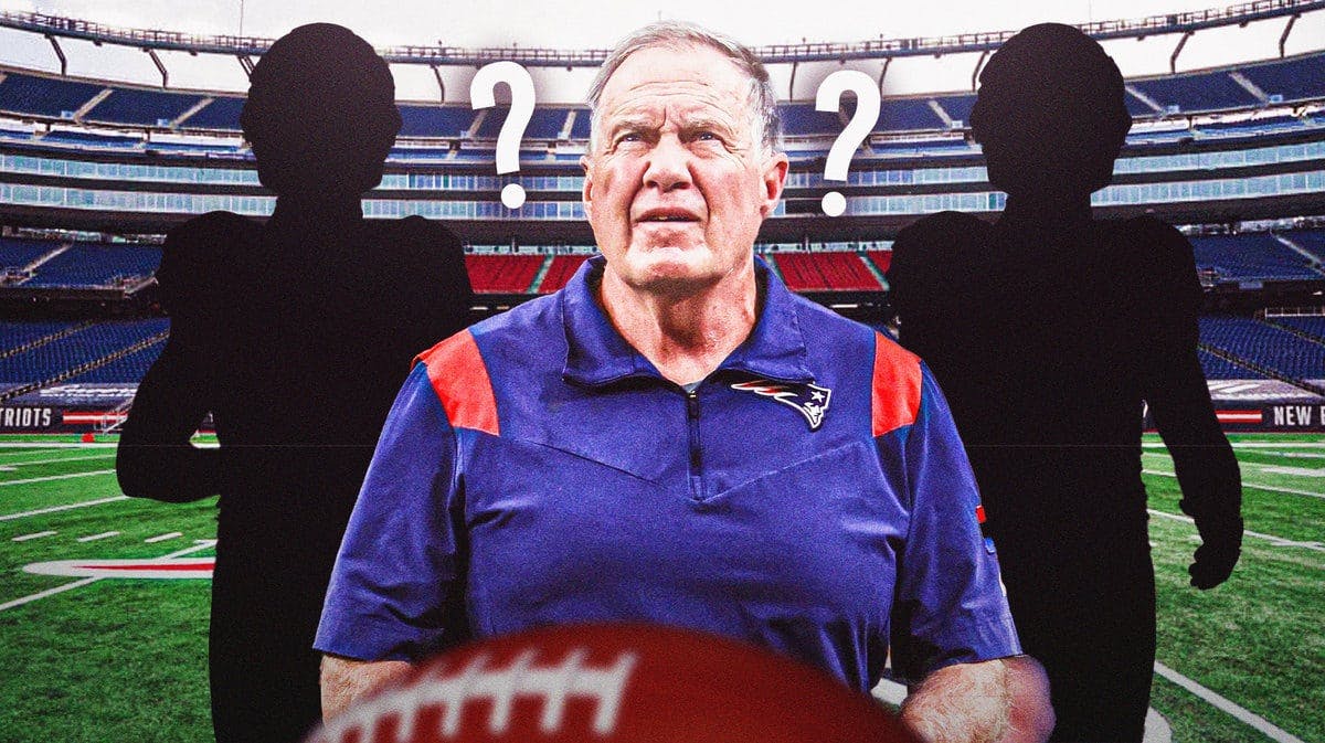 Photo: Bill Belichick with two blank people, with question marks next to him - Patriots fans in the back
