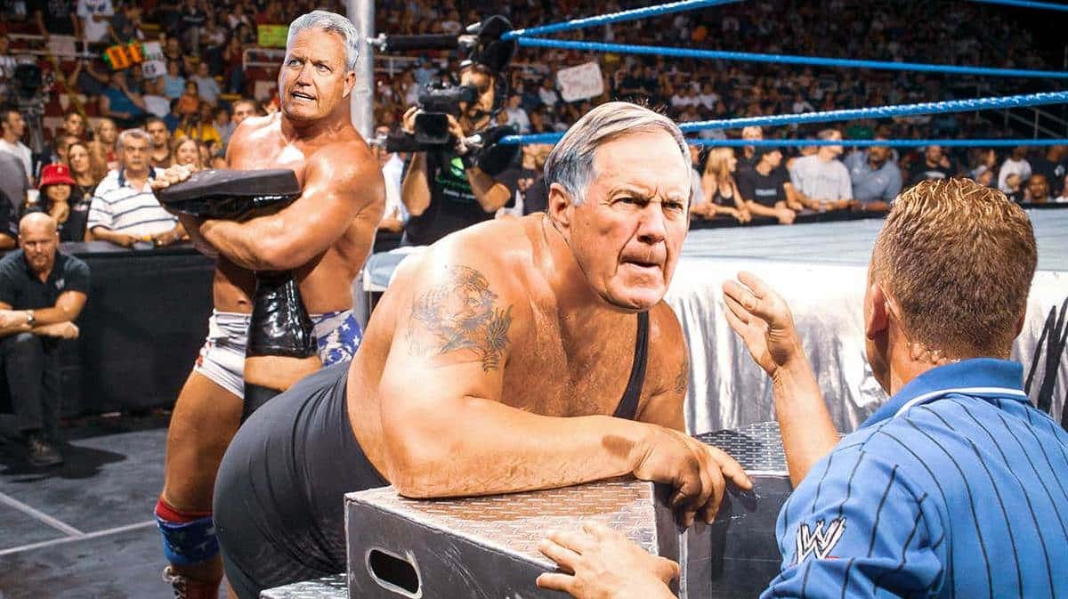 Rex Ryan as Kurt Angle and Bill Belichick of the Patriots as the Big Show (in front)