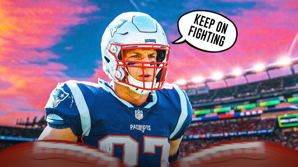 Rob Gronkowski in New England Patriots uniform and speech bubble “Keep On Fighting”