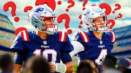 Patriots' Mac Jones and Bailey Zappe both with question marks above his head