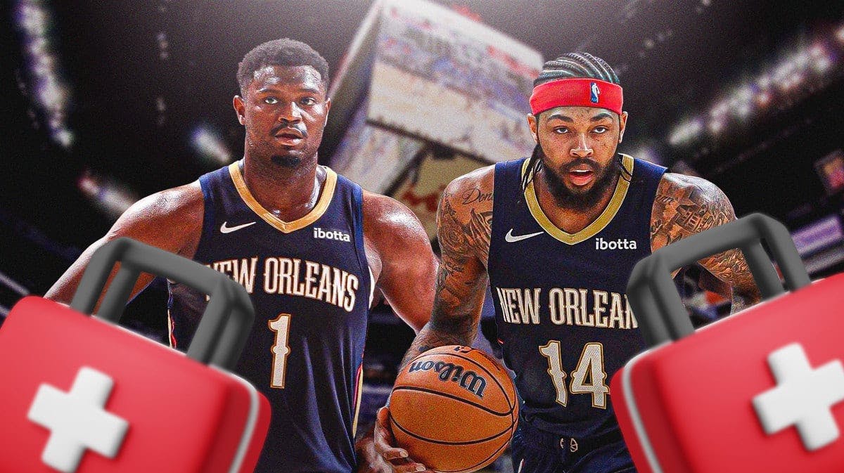 Zion Williamson, Brandon Ingram both in action in Pelicans jerseys with medical kits around them