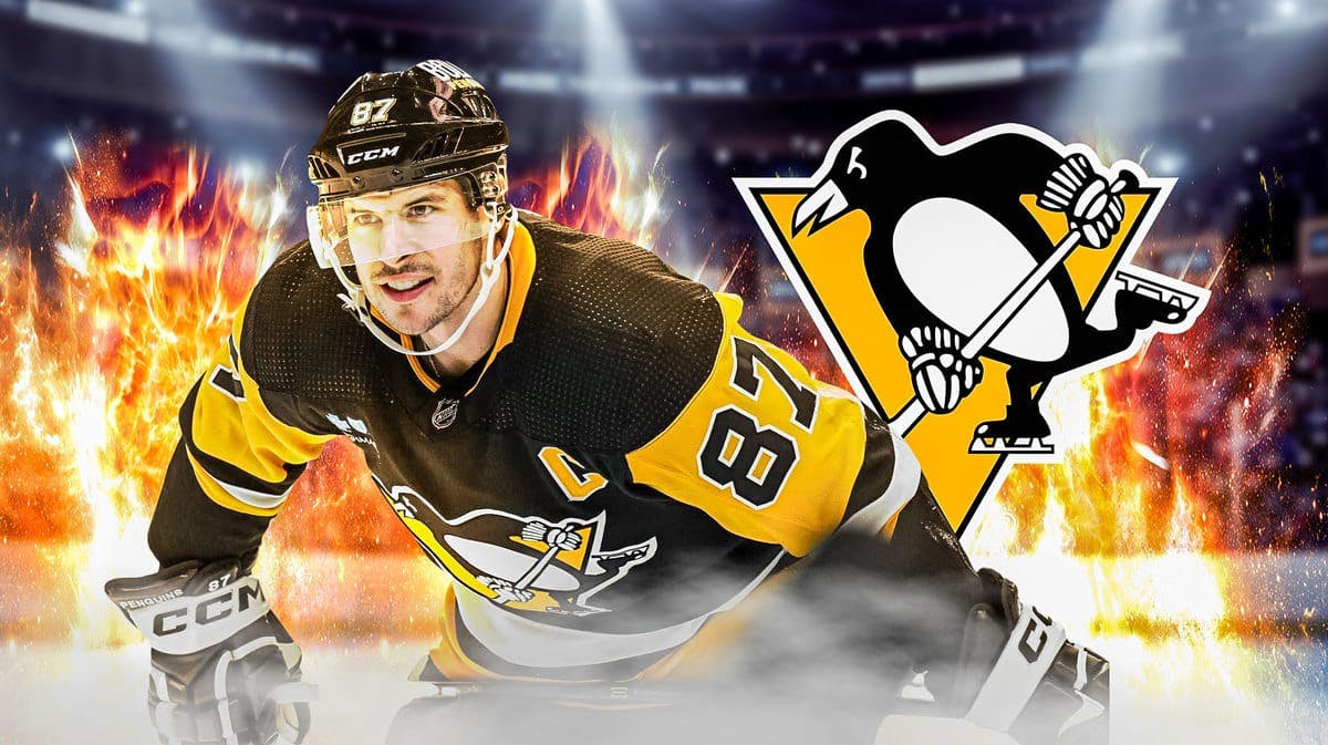 Sidney Crosby in middle of image looking happy with fire around him, PIT Penguins logo in image, hockey rink in background
