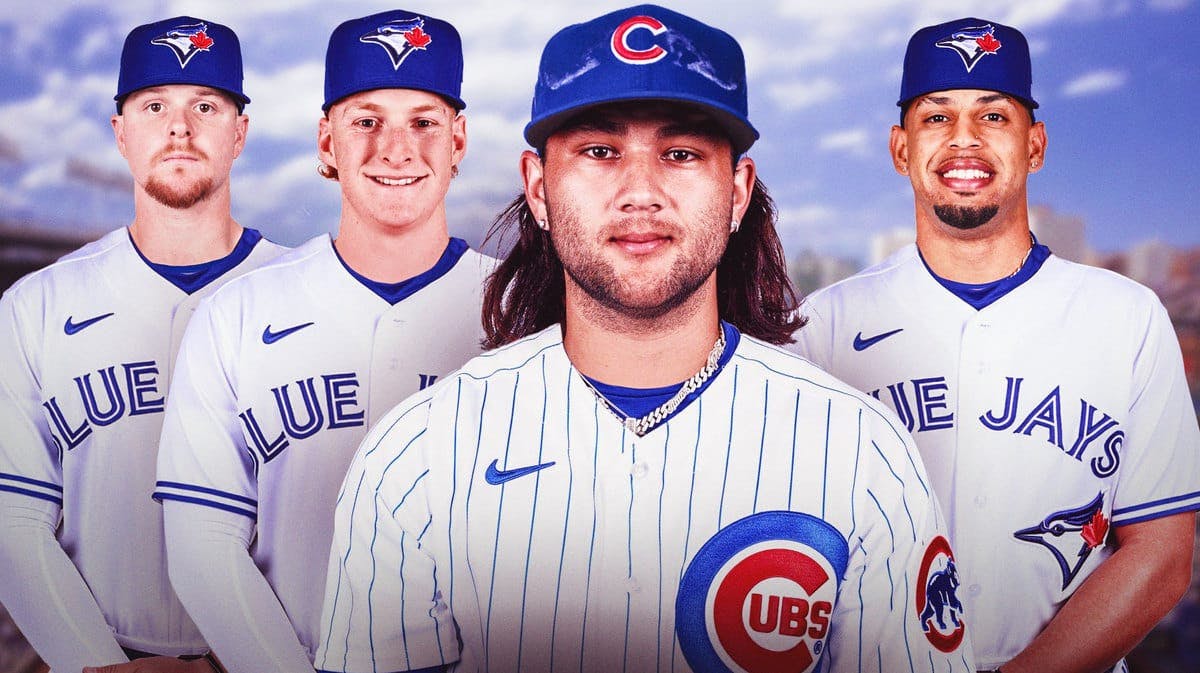 Photo: Bo Bichette in Cubs jersey, Owen Caissie, Cade Horton, Christopher Morel in Blue Jays jerseys, Wrigley Field as background