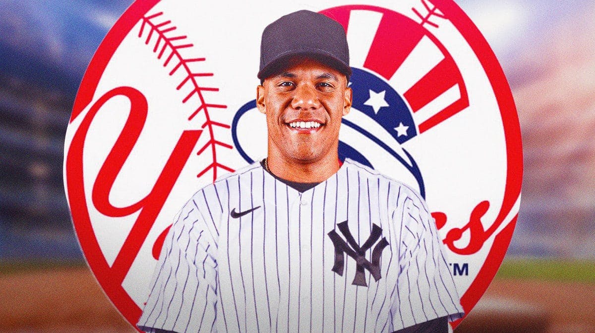 Juan Soto in a Yankees uniform. Yankees logo background.