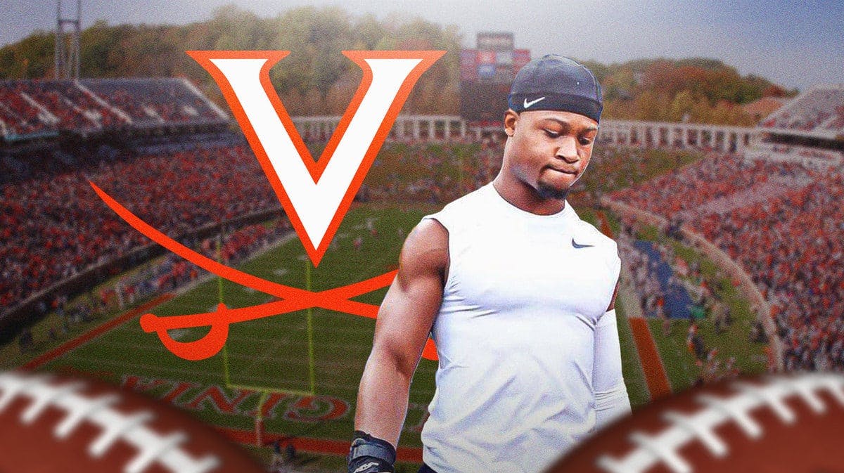 Serious looking photo of Virginia running back Perris Jones with the Virginia Cavaliers logo in the background