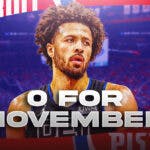 Detroit Pistons Cade Cunningham looking sad/mad and a text graphic at bottom of image “0-for-November”