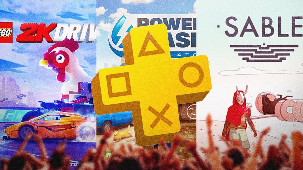 PlayStation Plus and the following game covers: Lego 2K Drive, Powerwash Simulator, & Sable