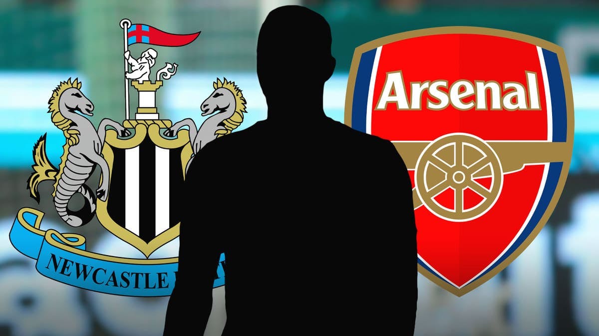 The silhouette of Ousmane Diomande in front of the Newcastle and Arsenal logos