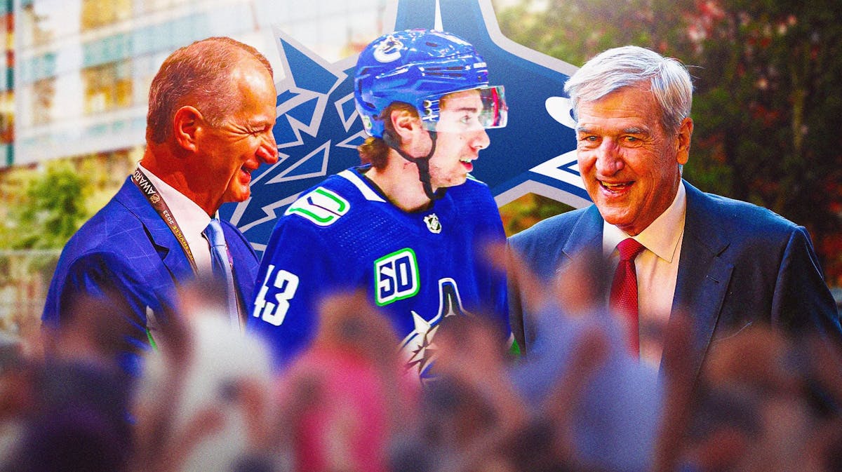 Quinn Hughes in middle looking happy, Al MacInnis and Bobby Orr on either side looking impressed, VAN Canucks logo, hockey rink in background