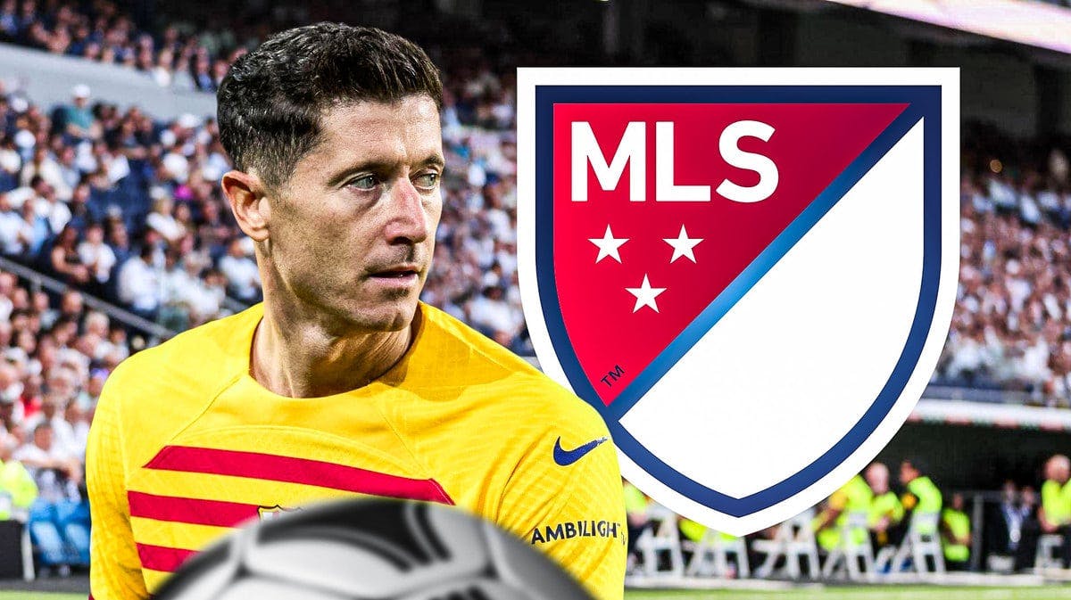 Robert Lewandowski in front of the MLS logo