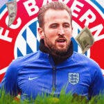 Harry Kane in front of the Bayern Munich logo with dollars falling from the air around him
